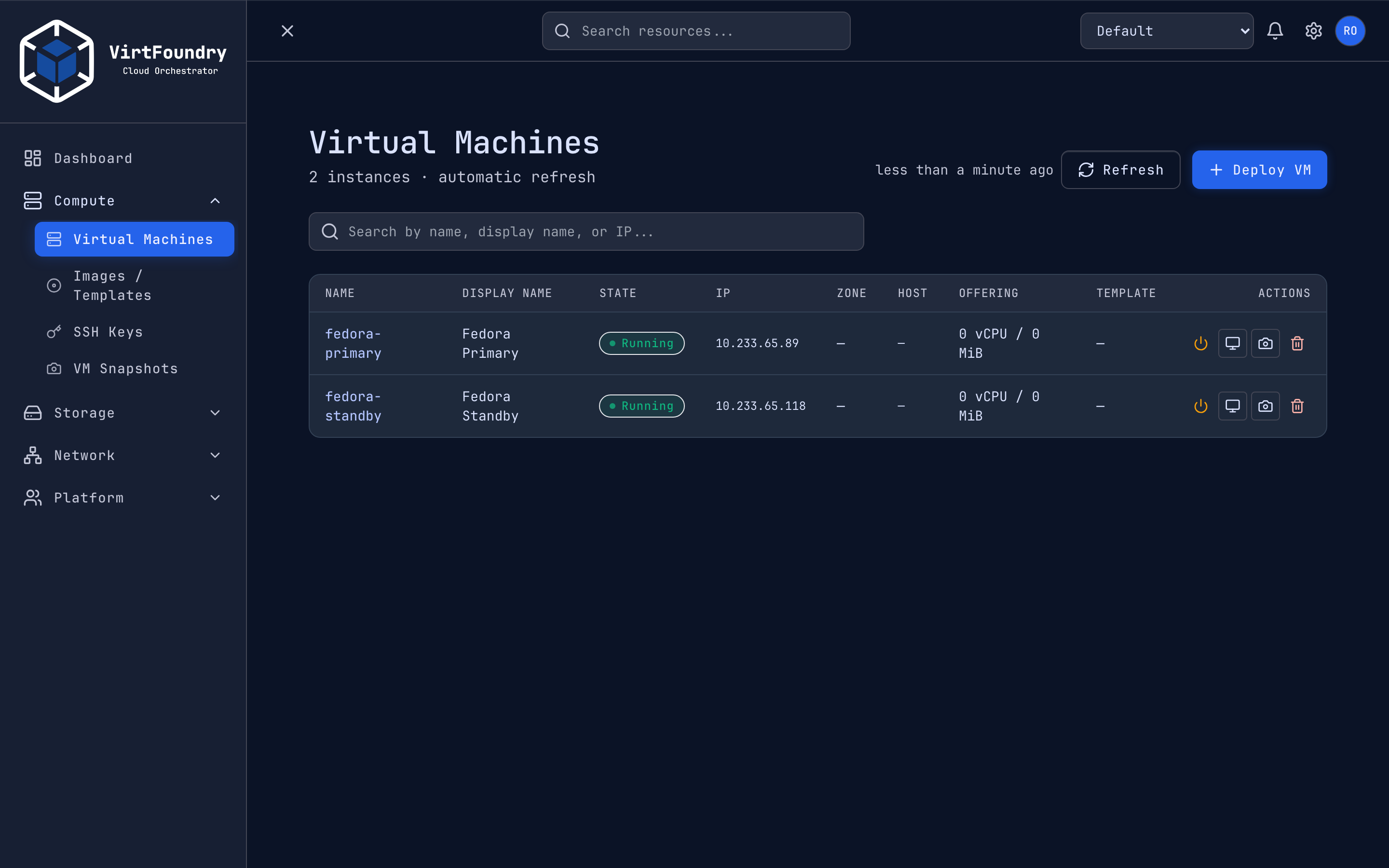 VirtFoundry VM list