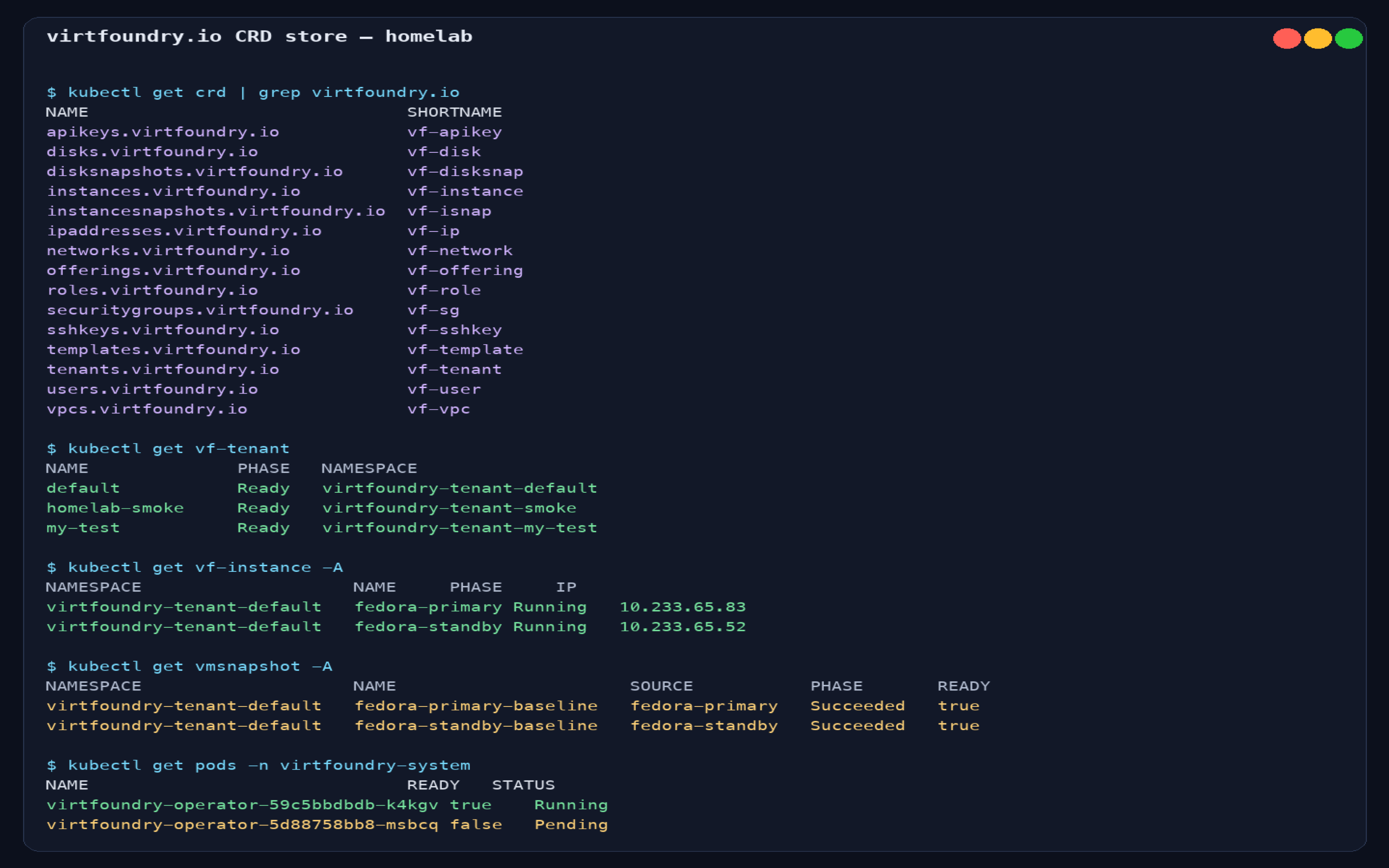 CRD store: kubectl get crd | grep virtfoundry.io